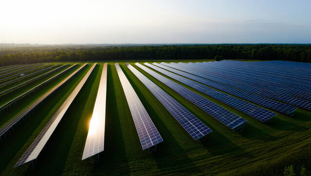 Expansive solar energy farm at sunrise, with long rows of solar panels illuminated by the sun