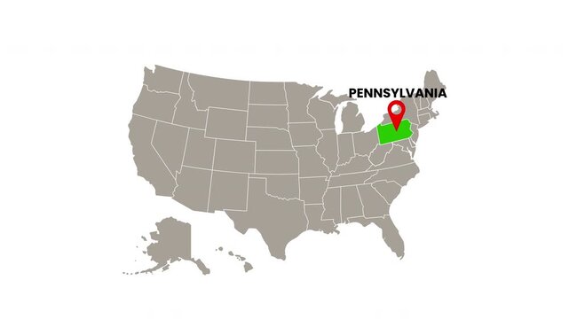 United States map with Pennsylvania state highlighted in green and marked with a red location
