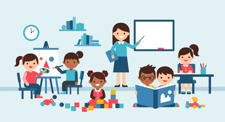 Fototapeta premium Diverse Children Learning and Playing in a Classroom with Teacher