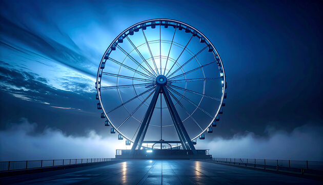 An avant-garde minimalist study of a monumental steel observation wheel enveloped