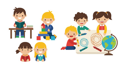 Fototapeta premium Diverse children learning, playing, and drawing together with books, blocks, and globe