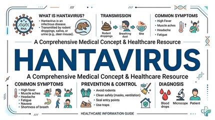 Naklejka premium Comprehensive medical infographic about hantavirus symptoms transmission and prevention tips explained clearly
