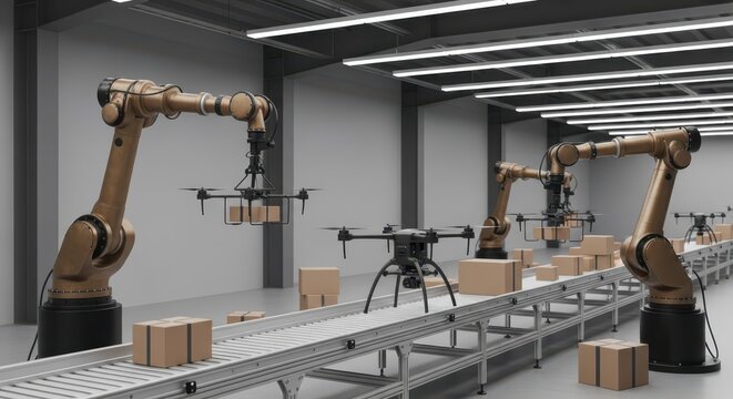 Automated Warehouse Interior with Robotic Arms and Drones Handling Packages on Conveyor Belts