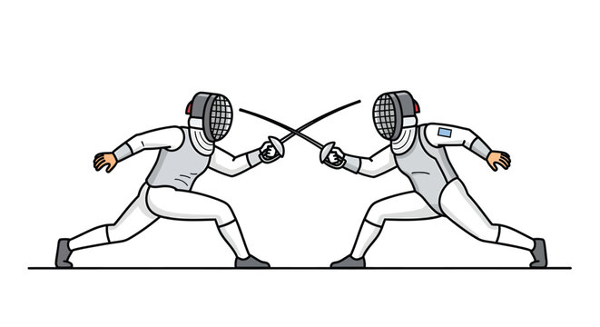Two professional athletes wearing protective gear engage in a formal fencing duel using swords while demonstrating agility balance and technical skill during an intense match within an indoor