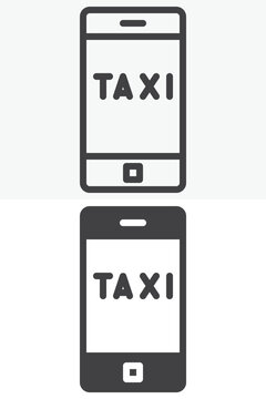 Mobile taxi app icon set with outline and solid smartphone screen. Line icon and glyph icon collection with editable stroke vector sign symbol.