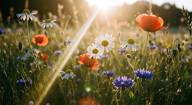 Wildflowers in Sunlit Meadow with Butterflies and Bees in Summer Nature Scene