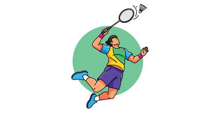 Fototapeta premium Athletic badminton player jumping high while swinging racket to strike birdie shuttlecock during competitive match play in tournament event representing active lifestyle and healthy summer sport