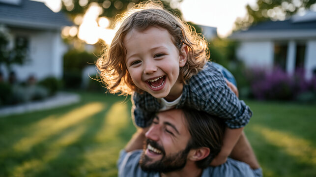 Father lifts preschool daughter overhead in a sunlit backyard while she clutches a homemade Fathers Day card, genuine laughter mid-air, golden hour light casting long warm shadows across trimmed gra