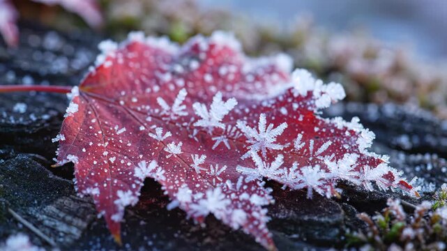 Red leaf with frost crystals emphasizing the majestic scale of the natural world
