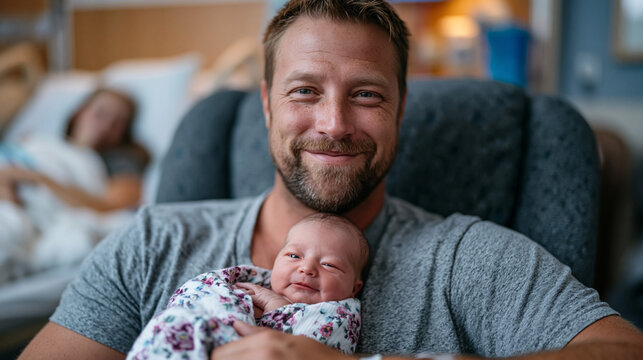 Father in a hospital recliner holding a newborn while his partner sleeps exhausted in the background bed, dark circles under his eyes but an undeniable soft smile, perfect for relationship after bab