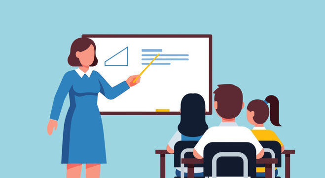 Teacher instructing students at whiteboard in classroom, education concept illustration