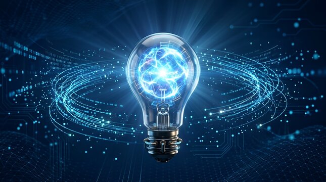 Light bulb surrounded by concentric glowing blue ring lines like a radar or sonar wave future digital energy tracking security system and innovative technology concept background