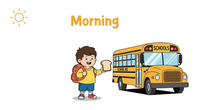 Cute boy holding toast by yellow school bus, morning sun illustration