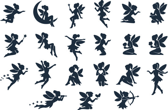 Fairy silhouette vector set. Cute magical pixies with wings, a magic wand, and a star illustration collection. Fantasy fairy tale characters clipart for Cricut, laser cutting, and vinyl design.