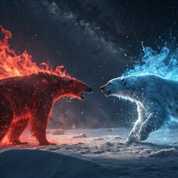 Two powerful polar bears facing each other, one surrounded by bright orange flames and the other by glowing blue water splashes in darkness.