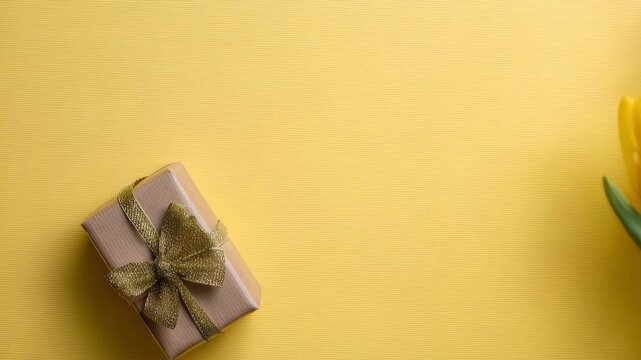 Yellow tulips and a gift box arranged on a vibrant yellow background, creating a festive flat lay