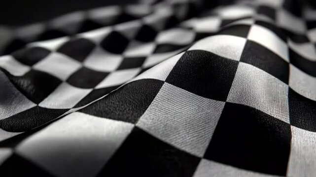 Checkered flag fabric, black and white pattern with distinct texture, waving
