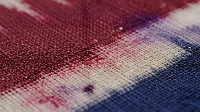 Closeup of a sewing machine needle stitching a red white and blue fabric.