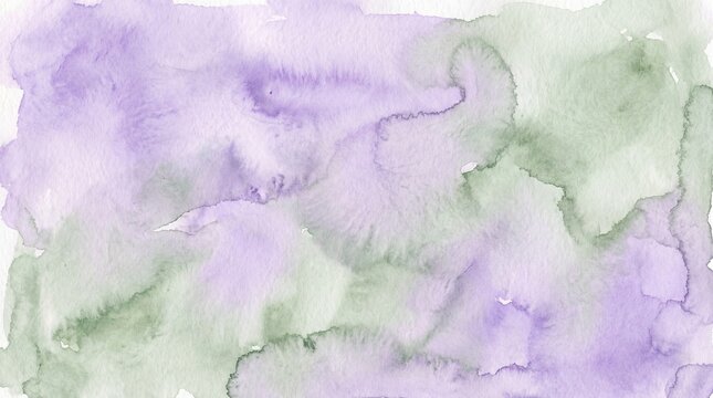 Watercolor texture displays soft blends of pastel purple and light green pigments on textured paper with organic bleeding patterns.