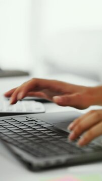 Typing, hands and person with laptop in office, writing project proposal and research for action plan. Task scope, timeline and woman with email for execution outline, editing draft and pc for space