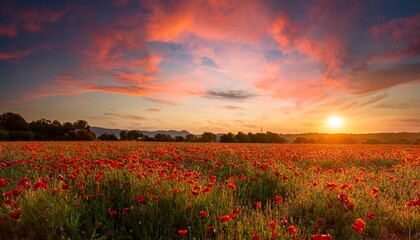 Obraz premium Stunning Poppy Field At Sunset Evokes Peace And Tranquility With Vibrant Colorful Blossoms