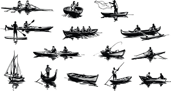 Vintage boat silhouettes collection, black and white nautical vessel set, traditional rowing and fishing boat illustrations, 15 watercraft icons