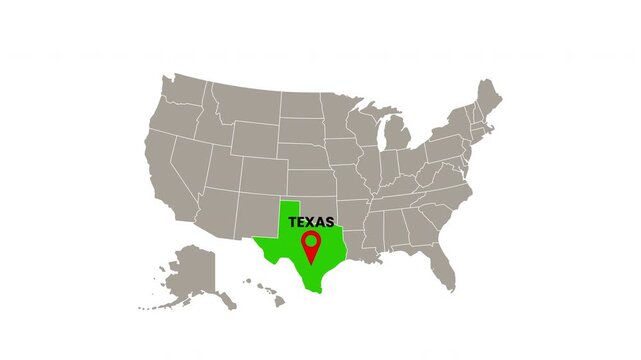 United States map with Texas state highlighted in green and marked with a red location pin