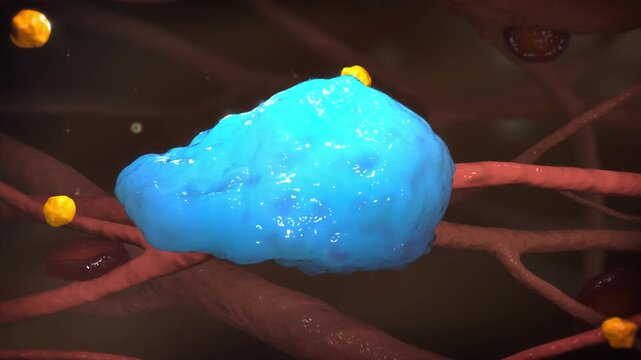 Macrophages engulf oxidized LDL and lipids, transforming into foam cells. This initiates atherosclerotic plaque formation in arteries. 3D animation of vascular pathology.