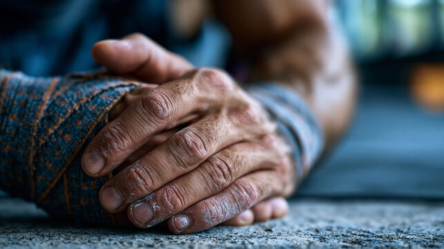 Calloused close-up of hands taping wrists with athletic wrap before a CrossFit session, concrete floor visible below, chalk residue on fingertips, cool blue-grey studio tone with harsh overhead ligh