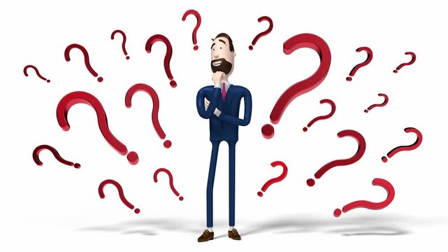 Cartoon Businessman and Question Marks - Problem Concept