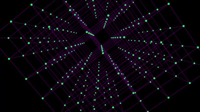 Waves transmit silent codes through a luminous matrix. Particles pulse with digital motion. 3D rendering. Seamless loop.