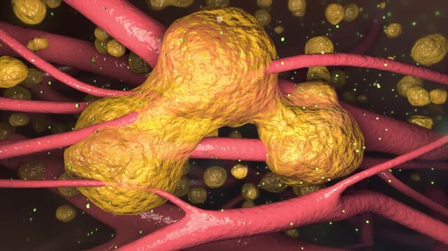3D animation: foam cell death and necrosis release intracellular lipids, forming a lipid pool. Key step in vulnerable plaque formation and atherosclerosis progression.
