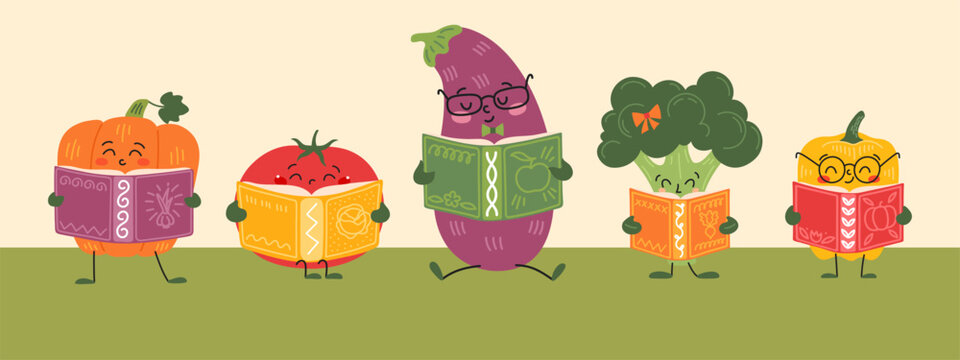 Cute vegetables reading books horizontal banner. Cute school elements border with pumpkin, tomato, eggplant, broccoli and pepper for children education, cooking recipe and farming design.