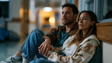 Fototapeta premium New mother and father sitting on the floor of an empty desolate hallway outside a crying infant's nursery door, backs against the wall, holding hands, equal parts wrecked and resolved, ideal for rel