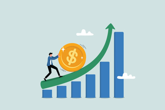 Exponential growth of compound interest, profitable investments, wealth management or savings, long term investment concepts, entrepreneurs pushing coins up the exponential graph.