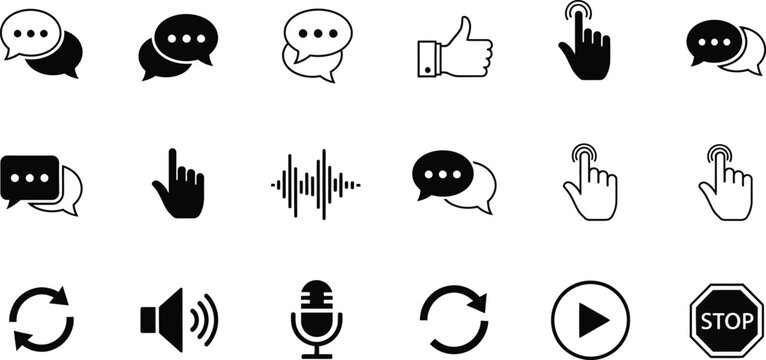 Comprehensive web user interface vector icon set featuring chat speech bubbles social thumbs up finger clicking gestures and media controlsComprehensive web user interface vector icon set featuring ch