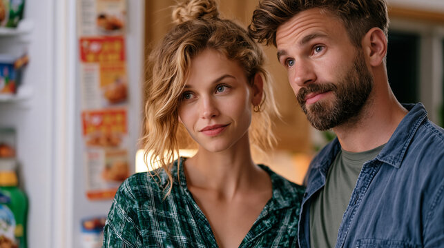 Newlywed couple staring into an almost empty fridge together for the first time, wearing mismatched sleepwear, both equally puzzled, takeout menus magnetted to the door beside a single expired yogur