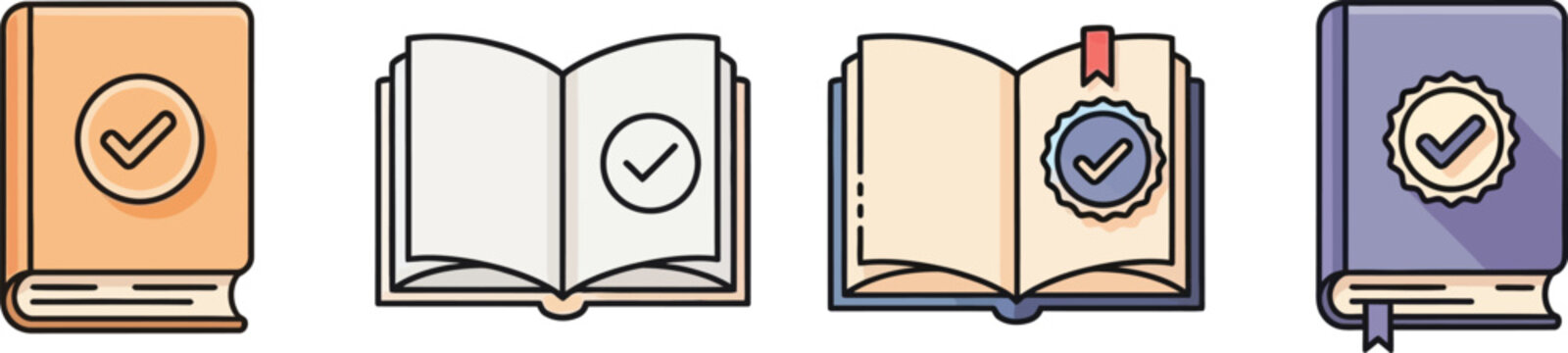 Flat linear vector book icon set featuring open and closed textbooks with approved checkmark badges and ribbon bookmarksFlat linear vector book icon set featuring open and closed textbooks with approv
