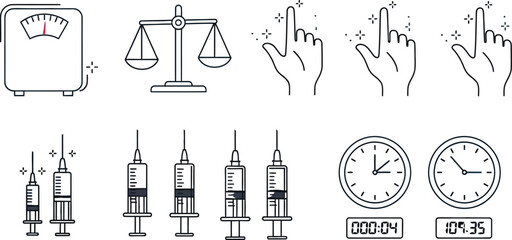 Linear vector icon set featuring bathroom weight scales legal justice balance medical syringes magic click gestures and clocksLinear vector icon set featuring bathroom weight scales legal justice bala © MdAnowar