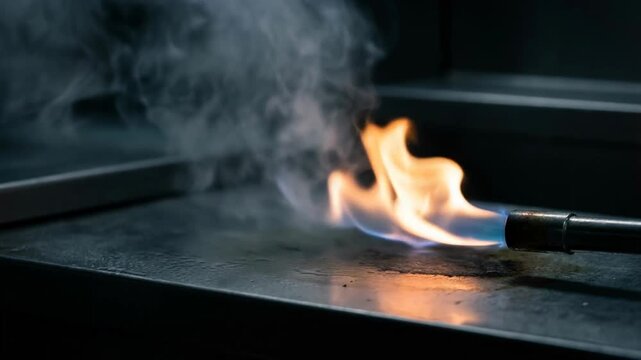Man preparing a drink with rising smoke effect concept. Close up of a gas torch flame heating a metal surface with smoke in an industrial workshop setting