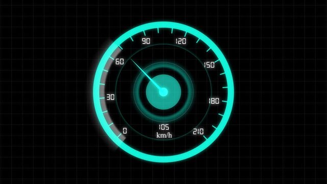 Futuristic neon speedometer gauge on digital tech grid. Speedometer dashboard symbol for super car vehicle acceleration. Digital speedometer animation for tech display.