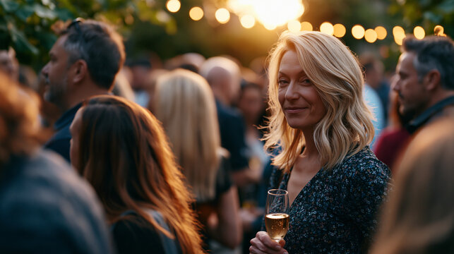 Wide shot of a crowded reunion celebration where one couple stands slightly apart quietly renewing vows with no audience, champagne untouched, eyes only for each other amid the noise, ideal for anni