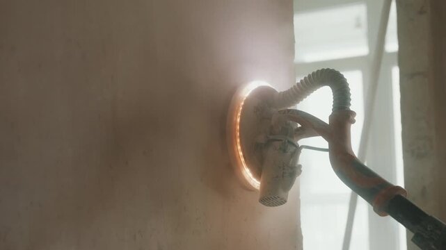 Worker sanding plaster wall with electric drywall sander close up