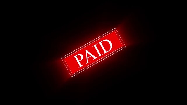 Red paid stamp imprint glowing with neon effect. Paid rubber stamp symbol for retail cash invoice transaction. Digital paid stamp animation for business finance.