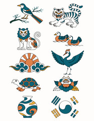 Naklejka premium Korean Folk Art Minimal Icons Flat Vector Illustration Asian Heritage Cultural Motifs Set with Magpie Tiger Haetae and Mandarin Ducks Isolated Collection for Marketing Packaging and Presentations