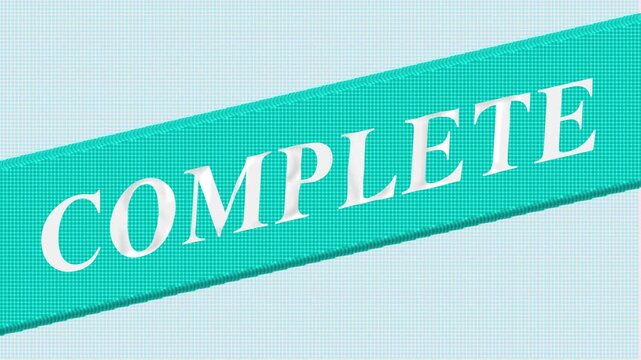 Teal ribbon graphic with complete text confirmation button. Website interface element for digital task completion. Digital user interface animation for web browser.
