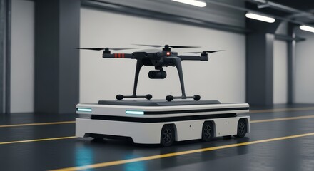 Naklejka premium Advanced Automated Delivery Drone System with Autonomous Vehicle Integration for Future Logistics and Transport