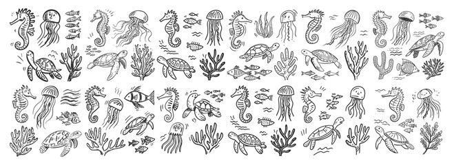 Whimsical hand drawn underwater marine life doodle set with sea creatures and plants © 99VectorS