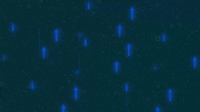 Blue arrows ascending against dark speckled background animation. Vibrant growth arrows for corporate financial success. Digital rising arrows animation for wealth boost.