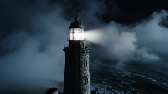 Lighthouse with beam of light at night highlighting environmental sustainability and natural beauty